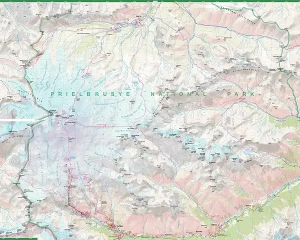 Mapa Prielbrusye National Park z zaznaczonymi szlakami i lodowcami, ukazująca teren najwyższego szczytu Kaukazu.