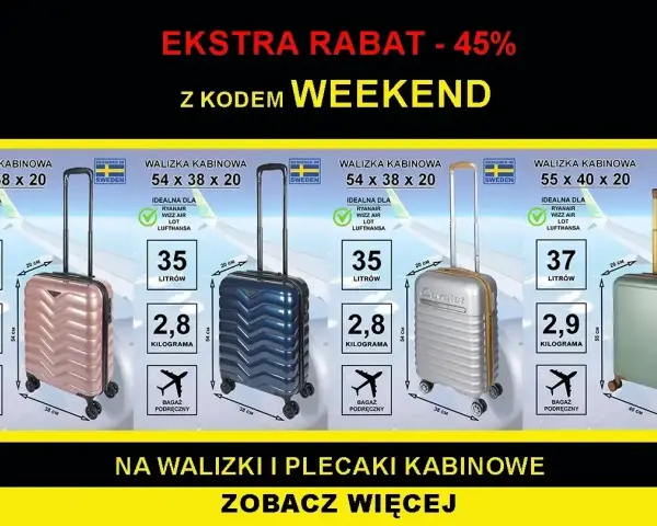 Idealne walizki kabinowe Ryanair i Wizz Air. Z kodem WEEKEND ekstra rabat na bagaż podręczny.