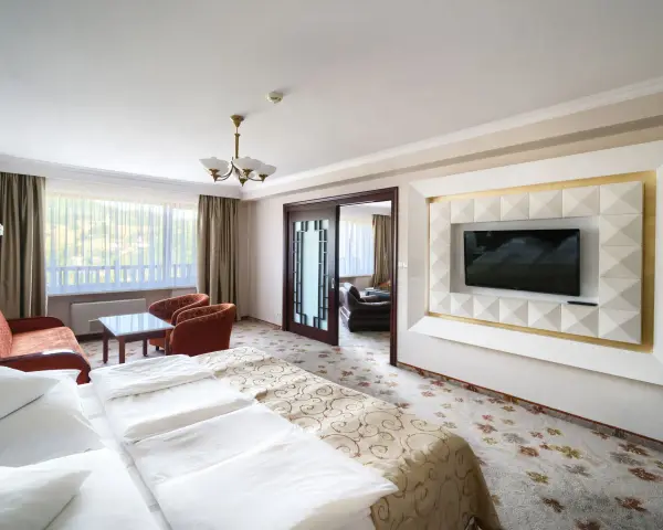 Wnętrze pokoju hotelowego z łóżkiem, kanapą i fotelem. Warto sprawdzić, ile pokoi ma Hotel Gołębiewski w Wiśle, by wybrać idealny dla siebie.