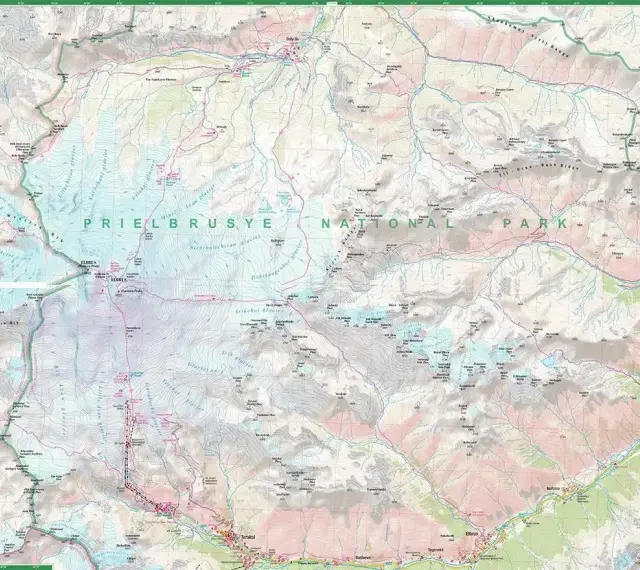 Mapa Prielbrusye National Park z zaznaczonymi szlakami i lodowcami, ukazująca teren najwyższego szczytu Kaukazu.