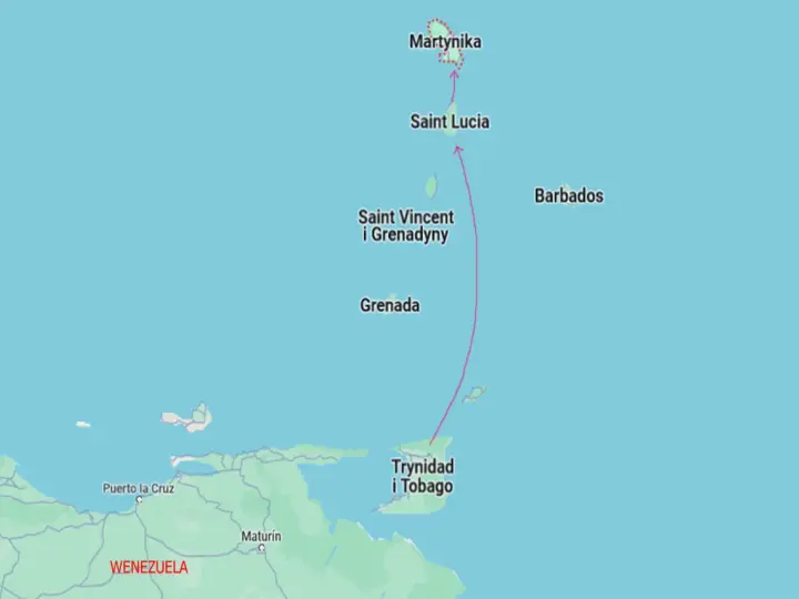 Mapa pokazuje, gdzie leżą Karaiby: Martynika, Saint Lucia, Saint Vincent i Grenadyny, Grenada, Trynidad i Tobago, Barbados, blisko Wenezueli.