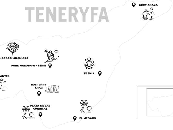 Mapa Teneryfy z ikonami: góry, turysta, medytacja, plaża. Idealna dla globtrotera planującego podróż.