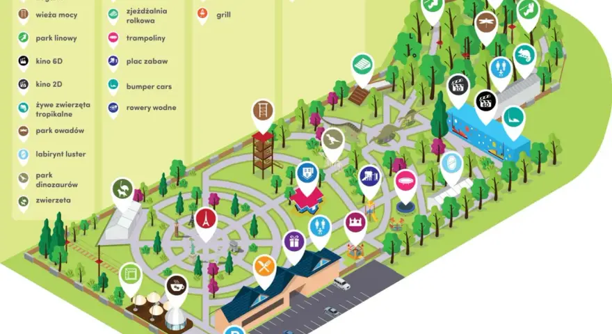 Mapa atrakcji w **Dream Park Ochaby**: park miniatur, park dinozaurów, kino 6D, dmuchańce, plac zabaw, restauracja i wiele innych.