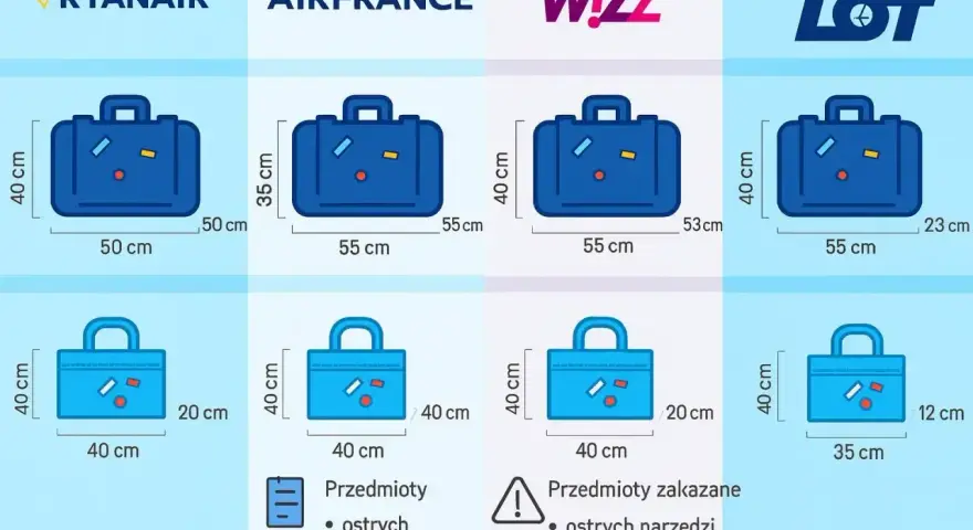 Porównanie wymiarów bagażu podręcznego i rejestrowanego dla linii lotniczych Ryanair, Air France, Wizz Air i LOT.