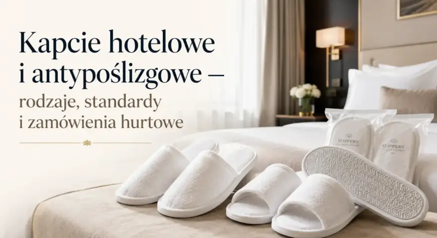 Białe kapcie hotelowe i antypoślizgowe na łóżku. Dowiedz się, czy kapcie hotelowe można zabrać ze sobą.