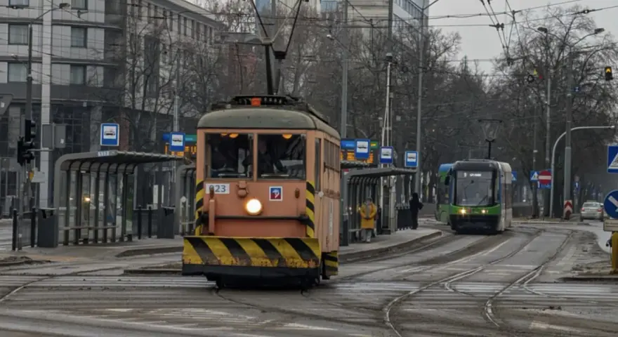 Gdy pada w Szczecinie, można wsiąść do tramwaju i podziwiać miasto z okna. Dwa tramwaje na torach, jeden pomarańczowy, drugi zielony.