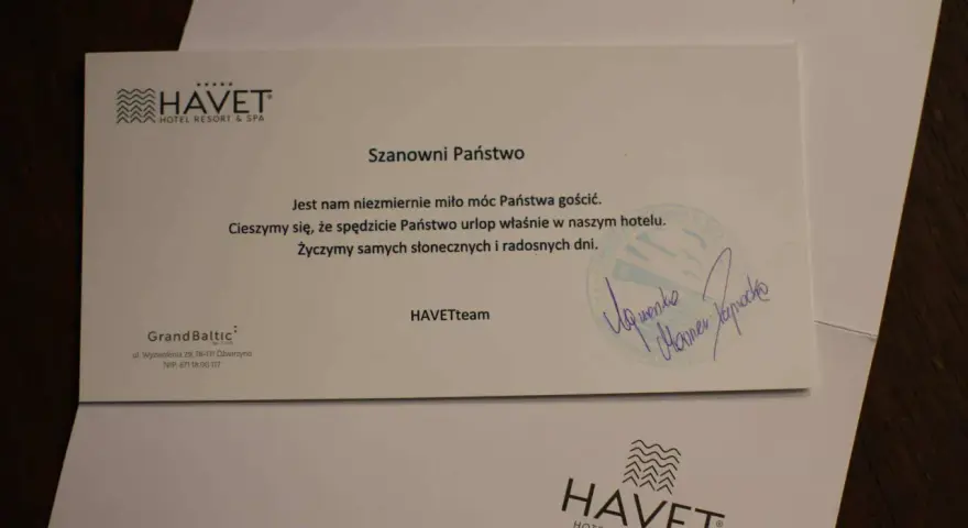 List powitalny z hotelu Havet. Dowiedz się, jak napisać opinię o hotelu, by pomóc innym gościom.