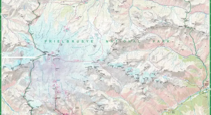Mapa Prielbrusye National Park z zaznaczonymi szlakami i lodowcami, ukazująca teren najwyższego szczytu Kaukazu.