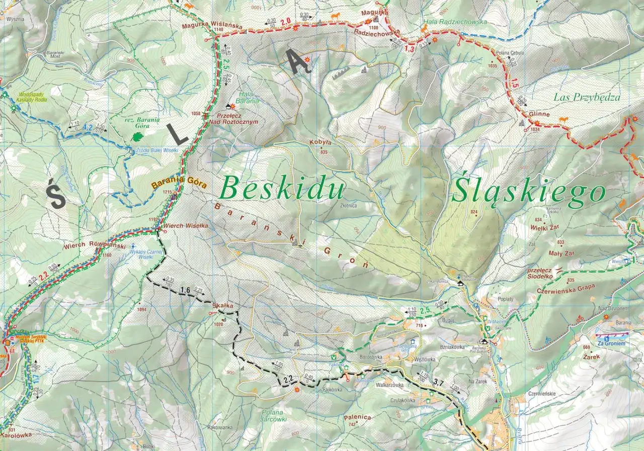Szczyty Beskidu Śląskiego: Barania Góra (1215 m), Wielki Żar (834 m) i inne wzniesienia na mapie turystycznej.