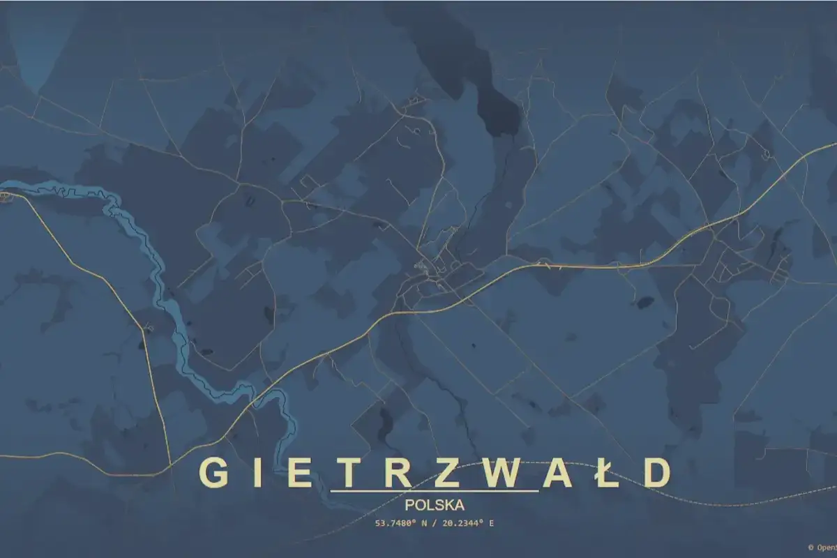 Mapa pokazuje, gdzie leży Gietrzwałd w Polsce. Widoczna jest rzeka i sieć dróg.