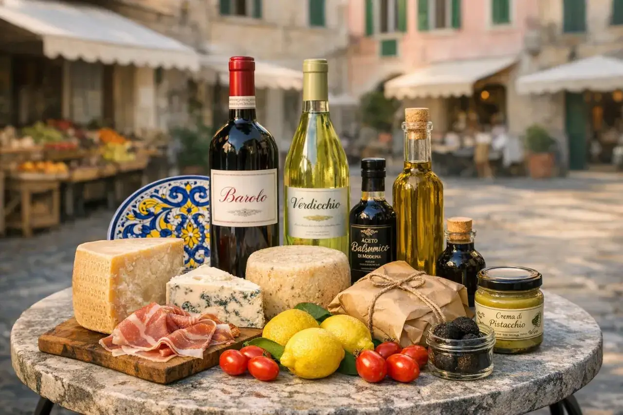 Włoskie przysmaki: Barolo, Verdicchio, oliwa, ocet balsamiczny, sery, prosciutto, cytryny, pomidorki, pasta pistacjowa i trufle. Idealne, co można przywieźć z Włoch.