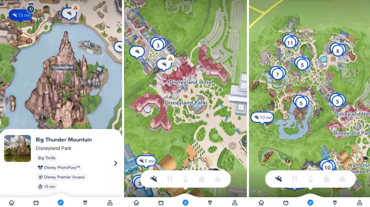 Mapy Disneyland Paris pokazują atrakcje i czasy oczekiwania, pomagając zaplanować wizytę i kupić bilety.