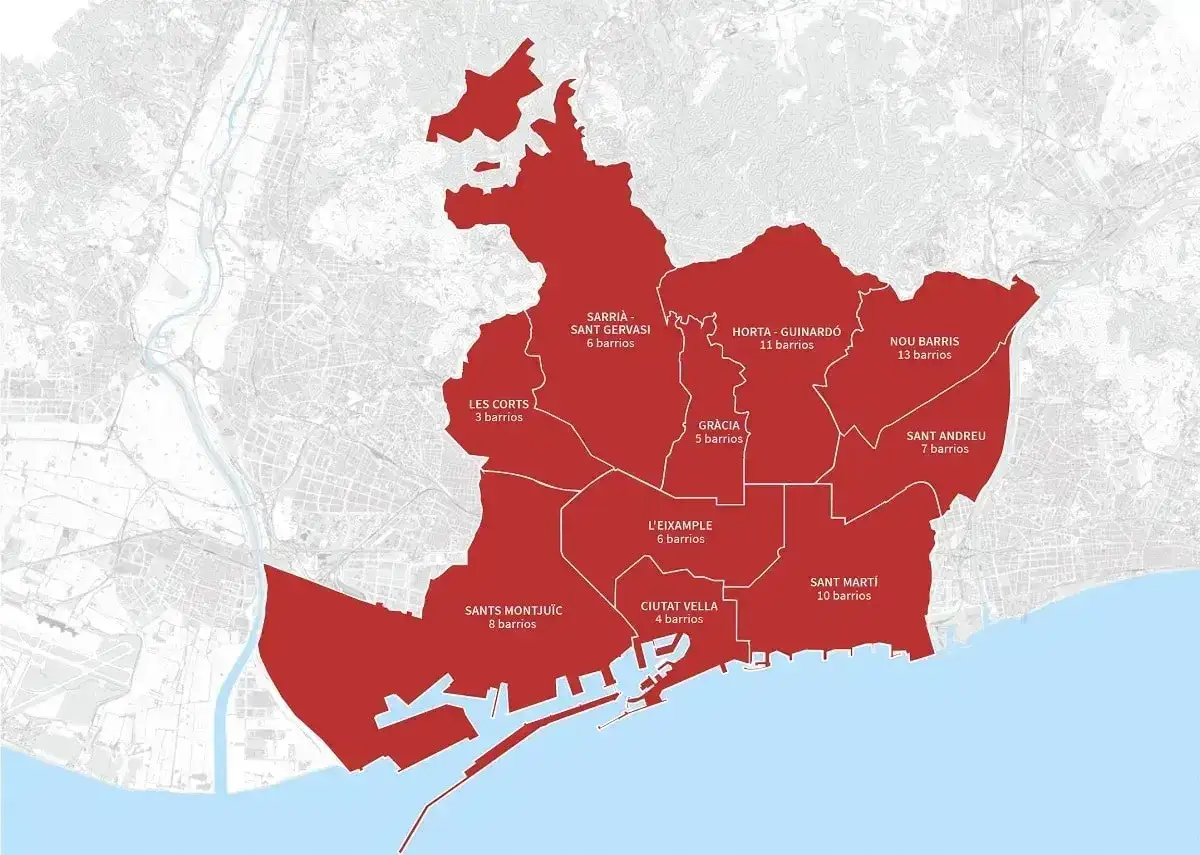 Mapa Barcelony z zaznaczonymi dzielnicami, pomocny przy wyborze, gdzie nocleg w Barcelonie.