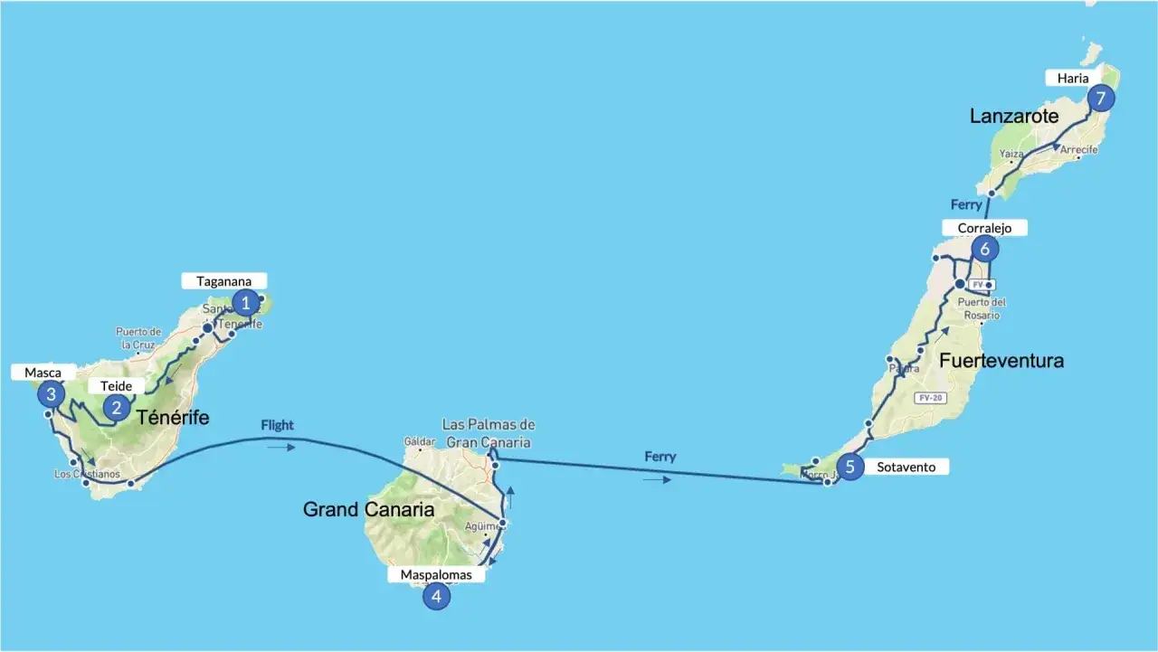 Trasa podróży po Wyspach Kanaryjskich: lot na Teneryfę, prom na Gran Canarię, Fuerteventurę i Lanzarote.