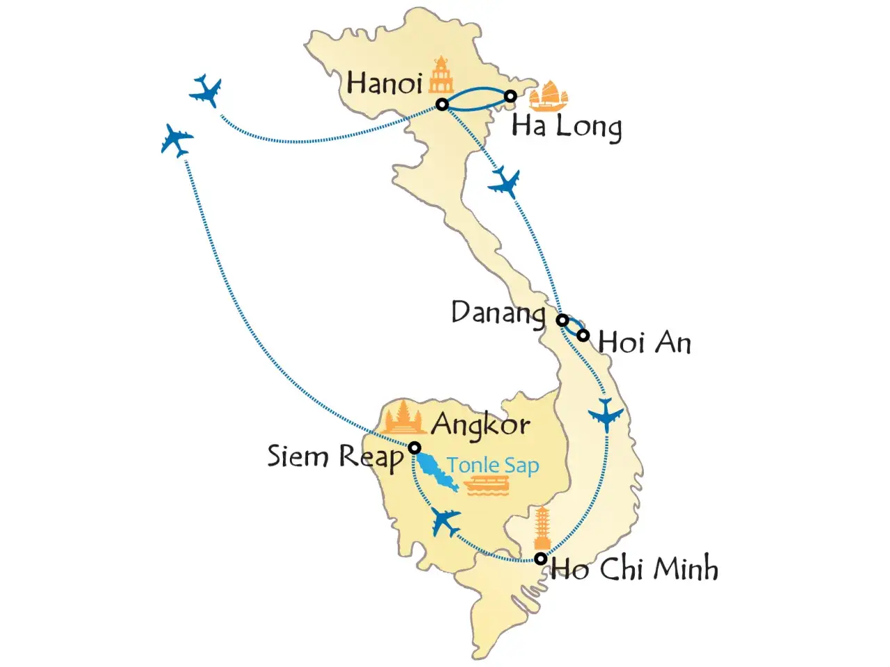 Trasa wycieczki do Wietnamu: Hanoi, Ha Long, Danang, Hoi An, Siem Reap, Angkor, Tonle Sap, Ho Chi Minh.