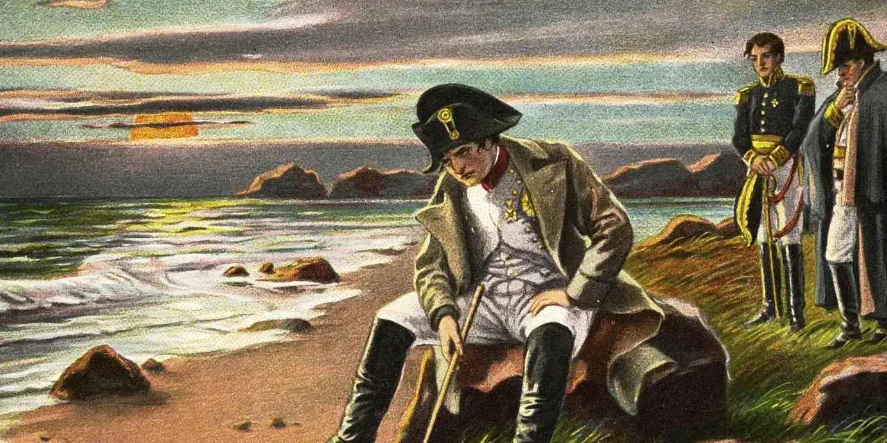 Napoleon siedzi na skale, patrząc na morze. Za nim stoją dwaj żołnierze. To jego ostatnie chwile na wyspie.
