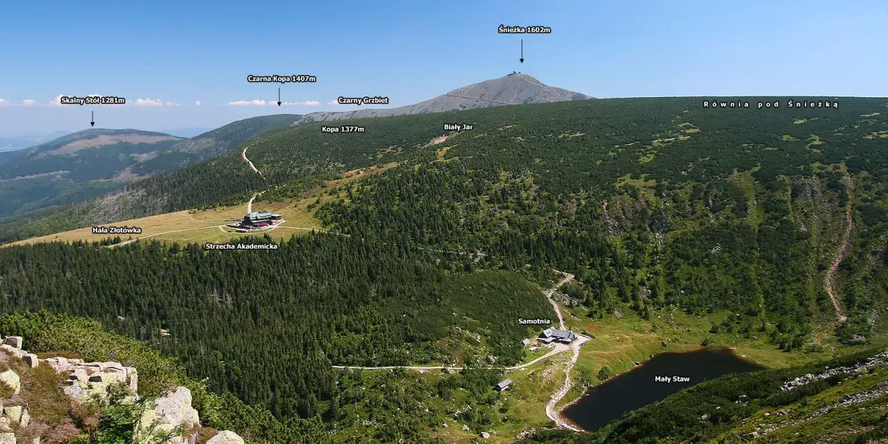 Widok na szczyt w Karkonoszach, Śnieżkę 1602m, z zaznaczonymi innymi wzniesieniami, schroniskami i Małym Stawem.