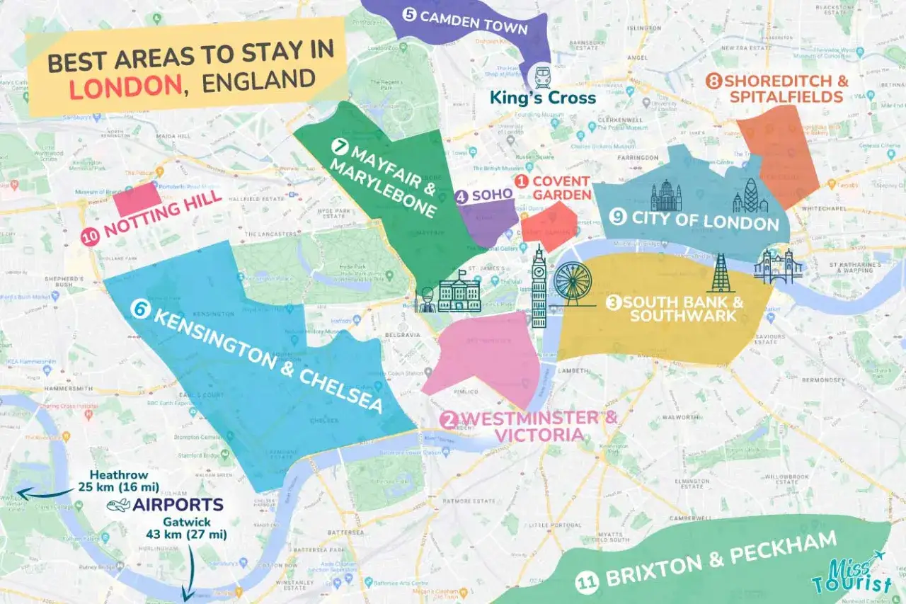 Mapa Londynu z zaznaczonymi najlepszymi dzielnicami do spania: Covent Garden, Westminster, South Bank, City of London, Soho, Mayfair, Kensington, Notting Hill, Camden, Shoreditch, Brixton.