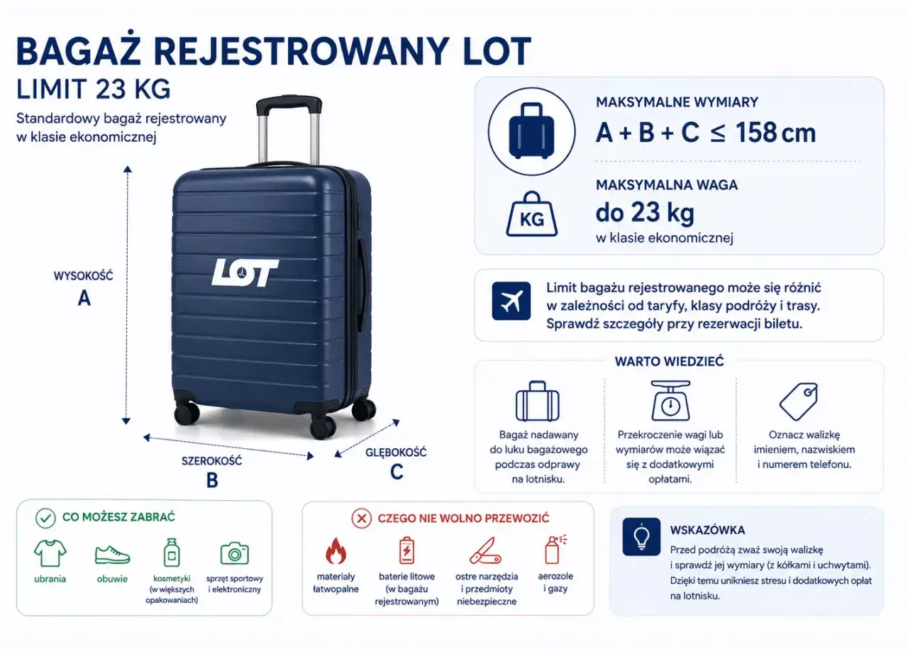 Bagaż rejestrowany LOT: limit 23 kg, wymiary do 158 cm. Zapakuj ubrania, obuwie, kosmetyki i elektronikę.