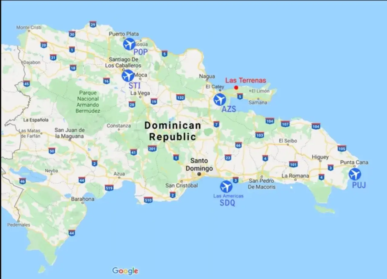 Mapa Dominikany z lotniskami: POP, STI, AZS, SDQ, PUJ. Zastanawiasz się, ile się leci na Dominikanę?