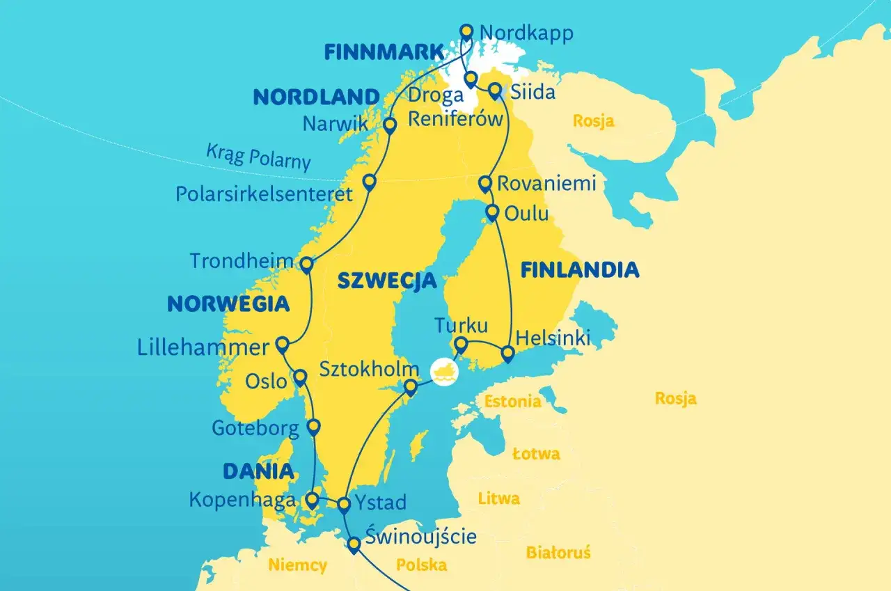 Trasa wycieczki do Szwecji i krajów bałtyckich: Nordkapp, Rovaniemi, Sztokholm, Oslo, Kopenhaga.