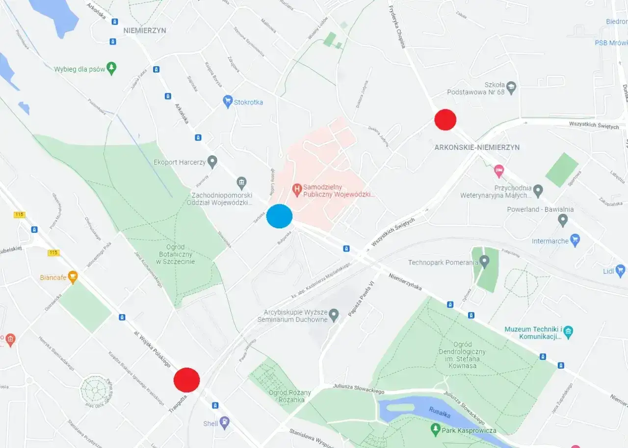 Mapa Szczecina z zaznaczonymi punktami. Czerwone punkty wskazują miejsca, które pomogą odpowiedzieć na pytanie: ile się jedzie do Szczecina.