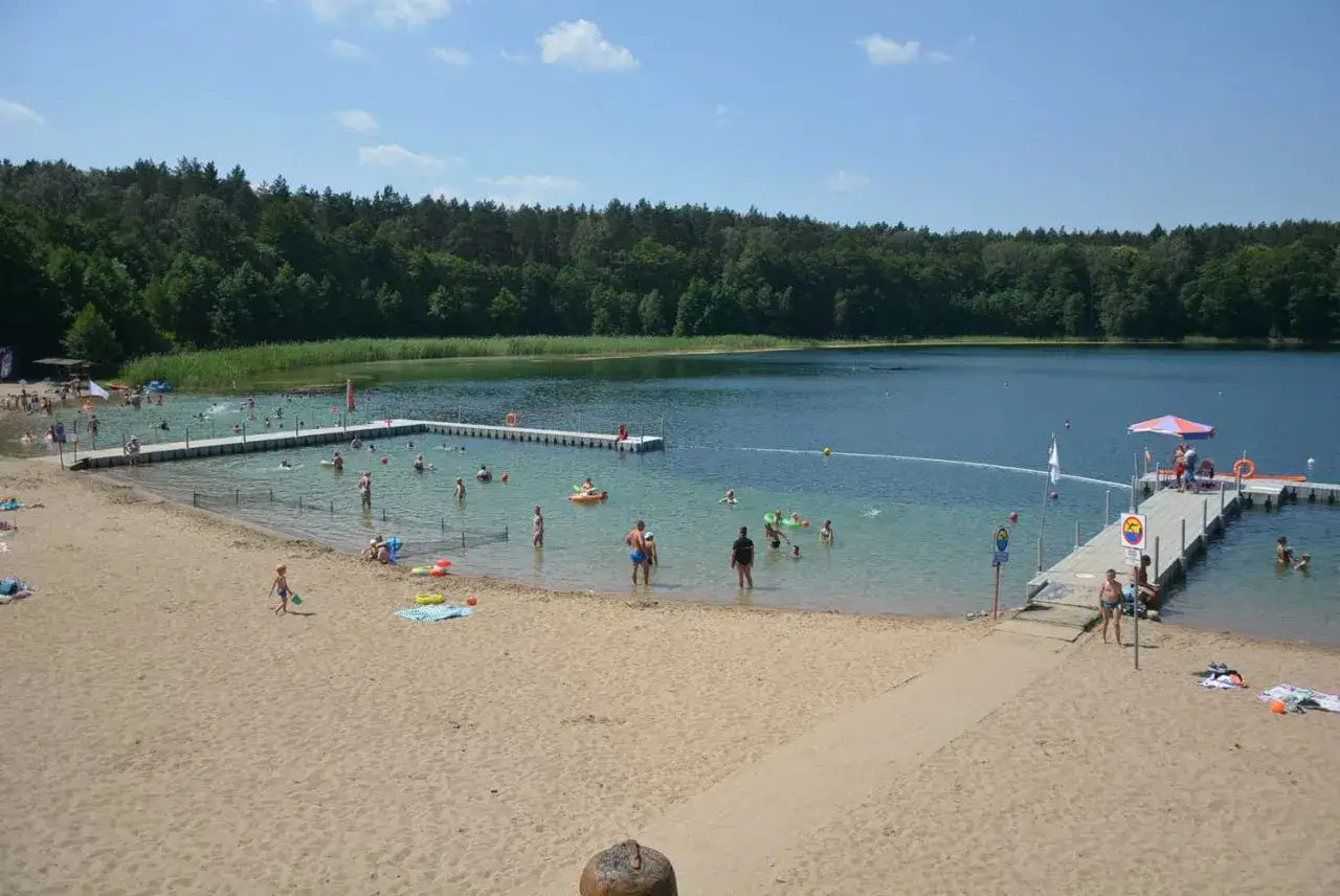 Słoneczny dzień nad jeziorem. Ludzie kąpią się, pływają na dmuchanych zabawkach i odpoczywają na piaszczystej plaży. W tle las.