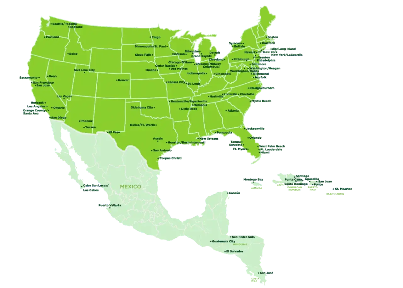 Mapa USA i Meksyku z zaznaczonymi miastami. Zastanawiasz się, ile się leci do Meksyku? Sprawdź na mapie!