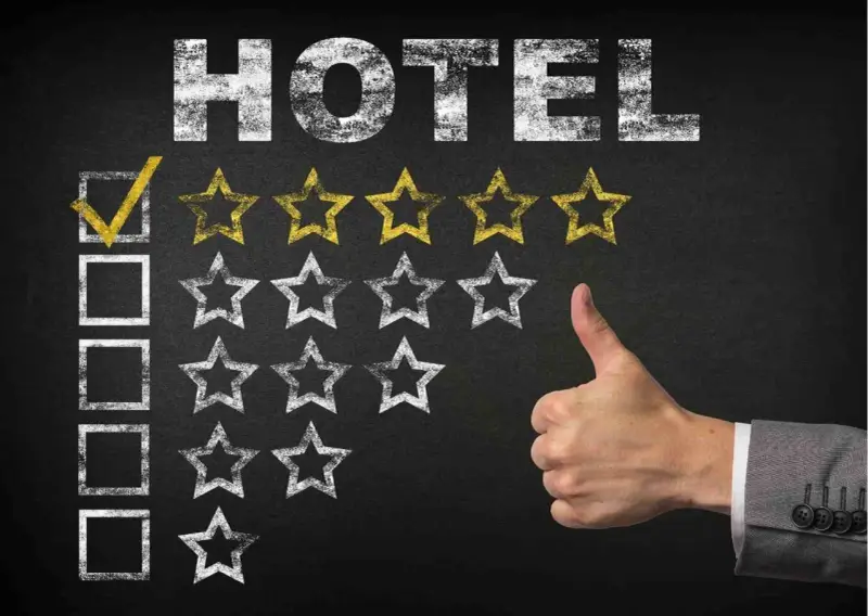 Ocena hotelu: zaznaczony pierwszy kwadrat i cztery złote gwiazdki. Kciuk w górę. 4-gwiazdkowy hotel zasługuje na pochwałę.