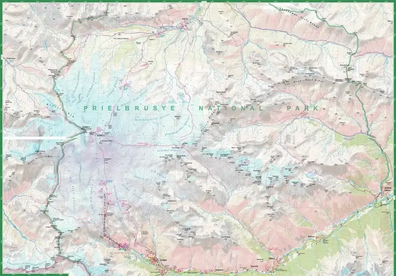 Mapa Prielbrusye National Park z zaznaczonymi szlakami i lodowcami, ukazująca teren najwyższego szczytu Kaukazu.